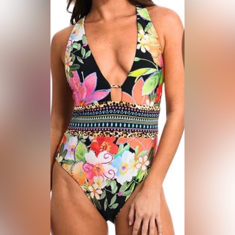 Sunshine 79 🌺Plunge Mio Reversible One Piece Swim 12 Resort Tropical Leopard🐆